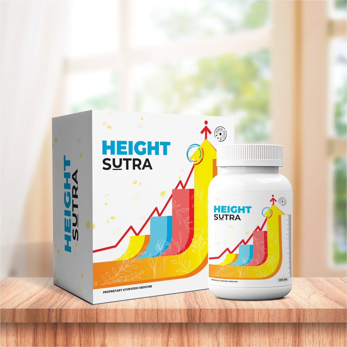 Packaging of height sutra height growth supplement with a Bottle and arrow represents height increase